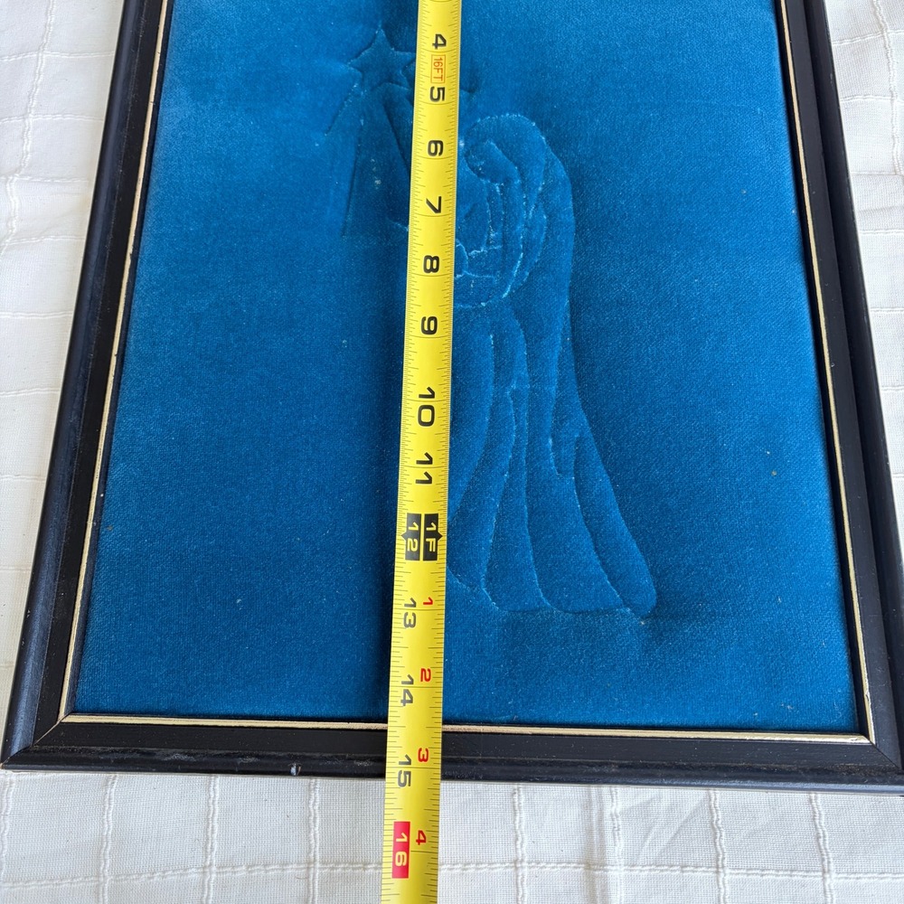 Vintage Embossed Blue Velvet Nativity Art Mary Jesus Star Bethlehem Framed 12x15 - Picture 7 of 9